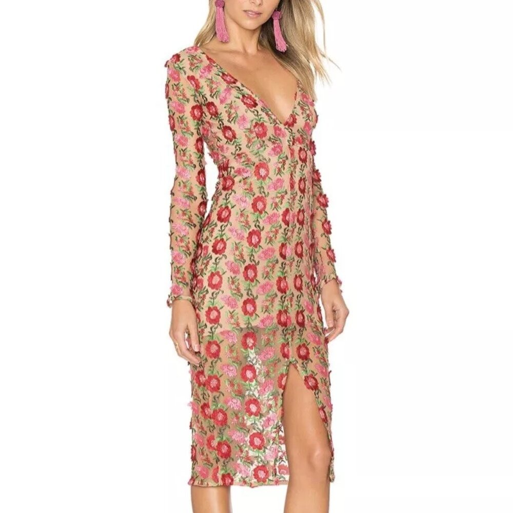 For Love & Lemons Amelia Midi Embroidered Long Sleeve Floral Dress